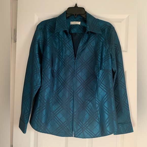 Coldwater Creek Teal Blue Geometric Design  Long Sleeve Blouse Zip Top Size XL - Picture 1 of 8